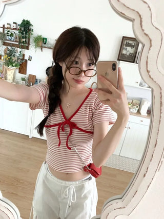 Mew Lovely Ribbon V-Neck Short Sleeve Boneless Short Sleeve T-Shirt