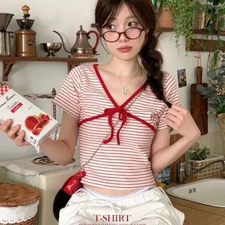 Mew Lovely Ribbon V-Neck Short Sleeve Boneless Short Sleeve T-Shirt