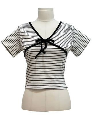 Mew Lovely Ribbon V-Neck Short Sleeve Boneless Short Sleeve T-Shirt