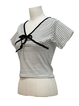 Mew Lovely Ribbon V-Neck Short Sleeve Boneless Short Sleeve T-Shirt