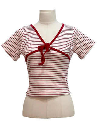 Mew Lovely Ribbon V-Neck Short Sleeve Boneless Short Sleeve T-Shirt