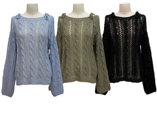Serenity Loose Fit Shoulder Ribbon Strap Lip Boat Neck Long Sleeve Punching See-Through Knit
