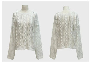 Serenity Loose Fit Shoulder Ribbon Strap Lip Boat Neck Long Sleeve Punching See-Through Knit