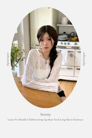 Serenity Loose Fit Shoulder Ribbon Strap Lip Boat Neck Long Sleeve Punching See-Through Knit