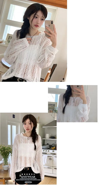 Serenity Loose Fit Shoulder Ribbon Strap Lip Boat Neck Long Sleeve Punching See-Through Knit