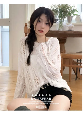 Serenity Loose Fit Shoulder Ribbon Strap Lip Boat Neck Long Sleeve Punching See-Through Knit