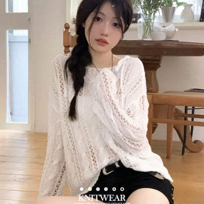 Serenity Loose Fit Shoulder Ribbon Strap Lip Boat Neck Long Sleeve Punching See-Through Knit