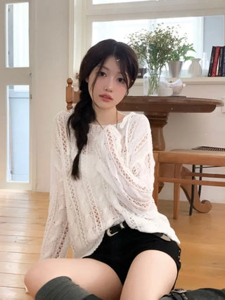 Serenity Loose Fit Shoulder Ribbon Strap Lip Boat Neck Long Sleeve Punching See-Through Knit