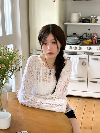 Serenity Loose Fit Shoulder Ribbon Strap Lip Boat Neck Long Sleeve Punching See-Through Knit