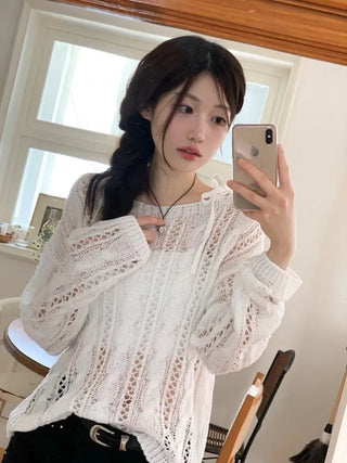 Serenity Loose Fit Shoulder Ribbon Strap Lip Boat Neck Long Sleeve Punching See-Through Knit