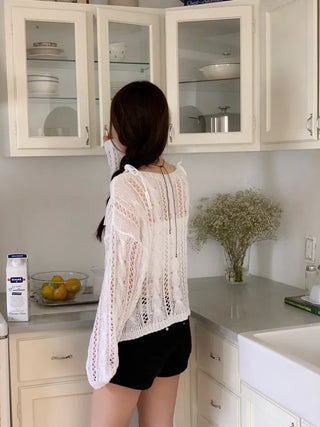Serenity Loose Fit Shoulder Ribbon Strap Lip Boat Neck Long Sleeve Punching See-Through Knit