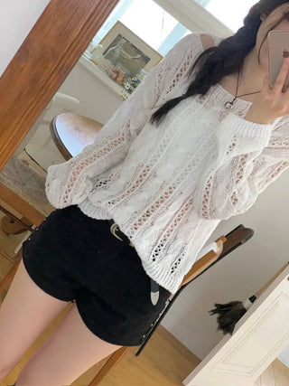 Serenity Loose Fit Shoulder Ribbon Strap Lip Boat Neck Long Sleeve Punching See-Through Knit