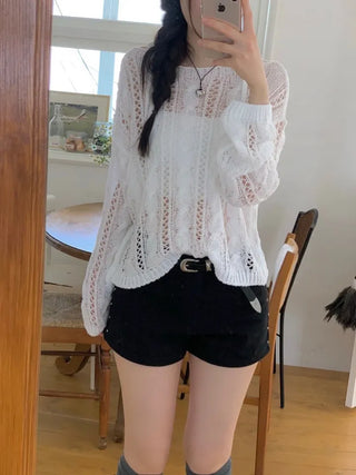 Serenity Loose Fit Shoulder Ribbon Strap Lip Boat Neck Long Sleeve Punching See-Through Knit