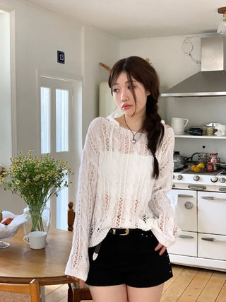 Serenity Loose Fit Shoulder Ribbon Strap Lip Boat Neck Long Sleeve Punching See-Through Knit