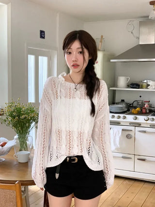 Serenity Loose Fit Shoulder Ribbon Strap Lip Boat Neck Long Sleeve Punching See-Through Knit