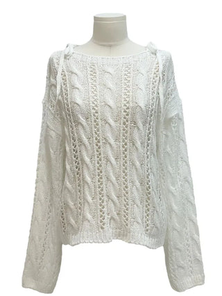Serenity Loose Fit Shoulder Ribbon Strap Lip Boat Neck Long Sleeve Punching See-Through Knit