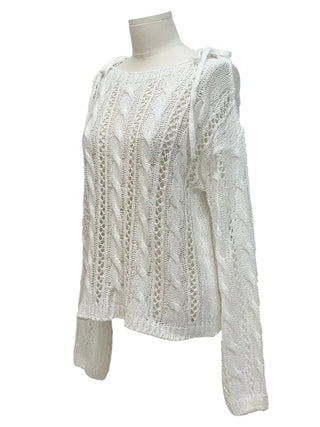 Serenity Loose Fit Shoulder Ribbon Strap Lip Boat Neck Long Sleeve Punching See-Through Knit