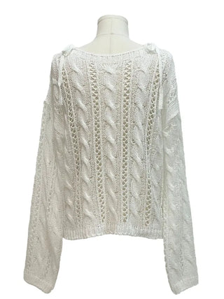 Serenity Loose Fit Shoulder Ribbon Strap Lip Boat Neck Long Sleeve Punching See-Through Knit