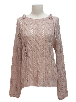 Serenity Loose Fit Shoulder Ribbon Strap Lip Boat Neck Long Sleeve Punching See-Through Knit