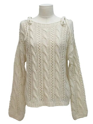 Serenity Loose Fit Shoulder Ribbon Strap Lip Boat Neck Long Sleeve Punching See-Through Knit