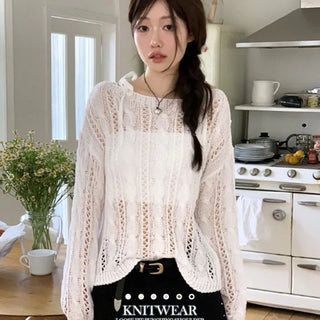 Serenity Loose Fit Shoulder Ribbon Strap Lip Boat Neck Long Sleeve Punching See-Through Knit