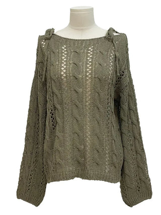 Serenity Loose Fit Shoulder Ribbon Strap Lip Boat Neck Long Sleeve Punching See-Through Knit