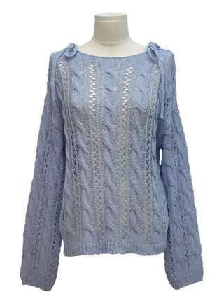 Serenity Loose Fit Shoulder Ribbon Strap Lip Boat Neck Long Sleeve Punching See-Through Knit