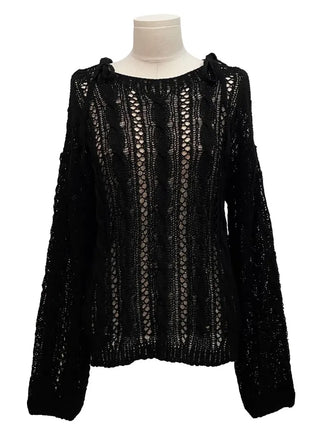Serenity Loose Fit Shoulder Ribbon Strap Lip Boat Neck Long Sleeve Punching See-Through Knit