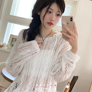 Serenity Loose Fit Shoulder Ribbon Strap Lip Boat Neck Long Sleeve Punching See-Through Knit