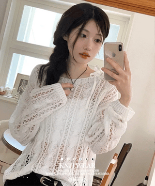 Serenity Loose Fit Shoulder Ribbon Strap Lip Boat Neck Long Sleeve Punching See-Through Knit