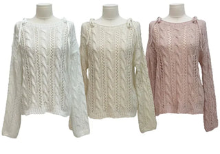 Serenity Loose Fit Shoulder Ribbon Strap Lip Boat Neck Long Sleeve Punching See-Through Knit