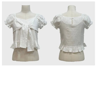 Bellus Ribbon Lovely Puff Sleeve Heart Neck Off-Shoulder Frill Cotton Crop Short Sleeve Blouse
