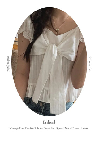 Bellus Ribbon Lovely Puff Sleeve Heart Neck Off-Shoulder Frill Cotton Crop Short Sleeve Blouse