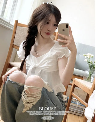 Bellus Ribbon Lovely Puff Sleeve Heart Neck Off-Shoulder Frill Cotton Crop Short Sleeve Blouse