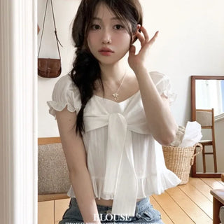 Bellus Ribbon Lovely Puff Sleeve Heart Neck Off-Shoulder Frill Cotton Crop Short Sleeve Blouse