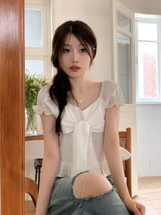 Bellus Ribbon Lovely Puff Sleeve Heart Neck Off-Shoulder Frill Cotton Crop Short Sleeve Blouse