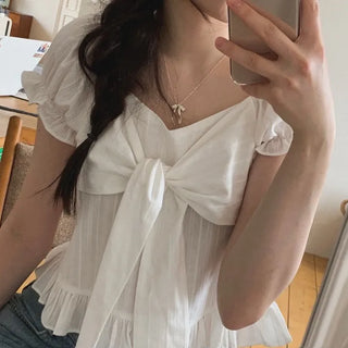 Bellus Ribbon Lovely Puff Sleeve Heart Neck Off-Shoulder Frill Cotton Crop Short Sleeve Blouse