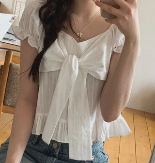 Bellus Ribbon Lovely Puff Sleeve Heart Neck Off-Shoulder Frill Cotton Crop Short Sleeve Blouse