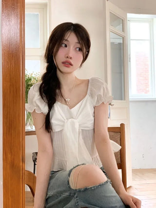 Bellus Ribbon Lovely Puff Sleeve Heart Neck Off-Shoulder Frill Cotton Crop Short Sleeve Blouse