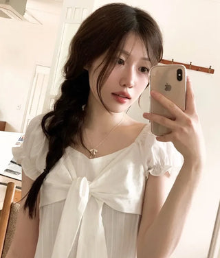 Bellus Ribbon Lovely Puff Sleeve Heart Neck Off-Shoulder Frill Cotton Crop Short Sleeve Blouse