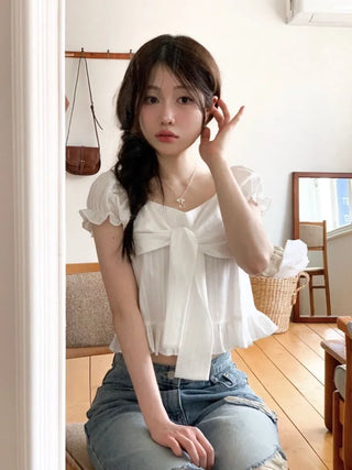 Bellus Ribbon Lovely Puff Sleeve Heart Neck Off-Shoulder Frill Cotton Crop Short Sleeve Blouse
