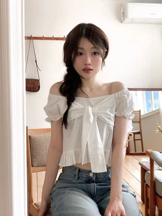 Bellus Ribbon Lovely Puff Sleeve Heart Neck Off-Shoulder Frill Cotton Crop Short Sleeve Blouse