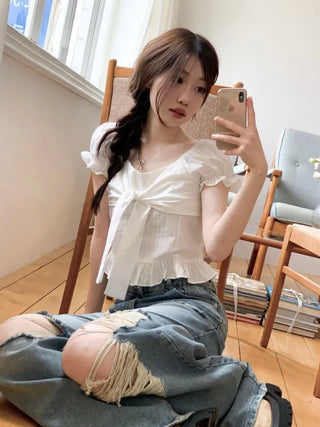 Bellus Ribbon Lovely Puff Sleeve Heart Neck Off-Shoulder Frill Cotton Crop Short Sleeve Blouse