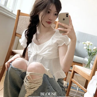 Bellus Ribbon Lovely Puff Sleeve Heart Neck Off-Shoulder Frill Cotton Crop Short Sleeve Blouse