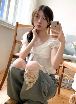 Bellus Ribbon Lovely Puff Sleeve Heart Neck Off-Shoulder Frill Cotton Crop Short Sleeve Blouse