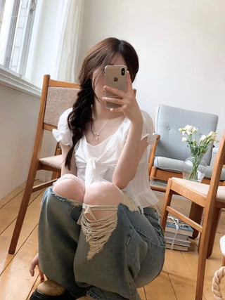 Bellus Ribbon Lovely Puff Sleeve Heart Neck Off-Shoulder Frill Cotton Crop Short Sleeve Blouse