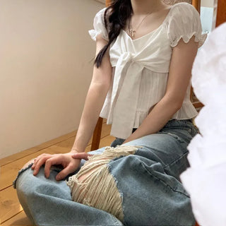 Bellus Ribbon Lovely Puff Sleeve Heart Neck Off-Shoulder Frill Cotton Crop Short Sleeve Blouse