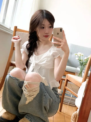 Bellus Ribbon Lovely Puff Sleeve Heart Neck Off-Shoulder Frill Cotton Crop Short Sleeve Blouse