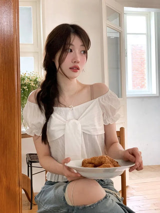 Bellus Ribbon Lovely Puff Sleeve Heart Neck Off-Shoulder Frill Cotton Crop Short Sleeve Blouse