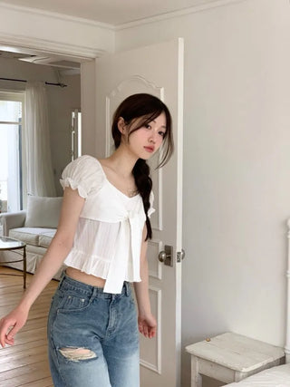 Bellus Ribbon Lovely Puff Sleeve Heart Neck Off-Shoulder Frill Cotton Crop Short Sleeve Blouse